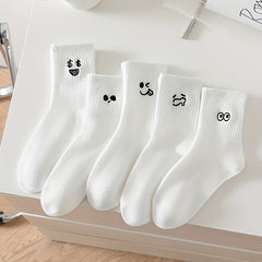 Teenager's Cartoon Expression Knitted Socks, Soft Crew Socks for Outdoor