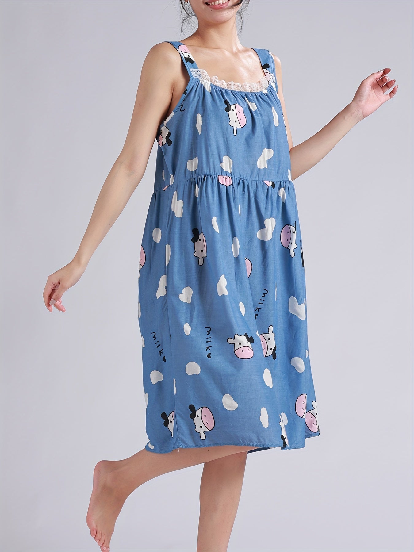Strawberry Print Nightdress with Lace Trim Sleeves