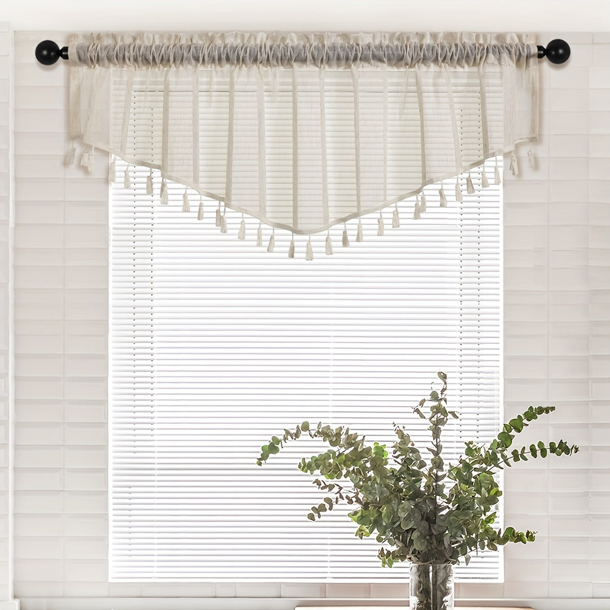 Japanese Linen Short Valance Curtain V-shaped with Tassel Rod Pocket
