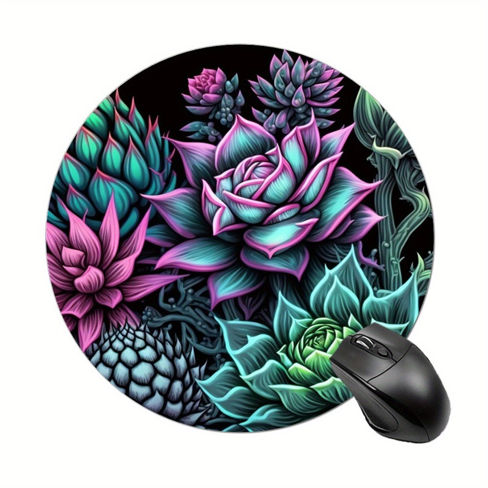 Stylish Succulent Plant Round Mouse Pad Non Slip Rubber Base Small Size