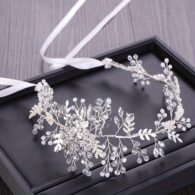 Leaf Shape Faux Pearl Head Piece Ribbon Bridal Hair Accessory