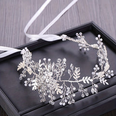 Leaf Shape Faux Pearl Head Piece Ribbon Bridal Hair Accessory