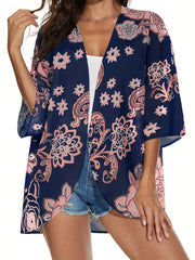 Floral Pattern Shirt Loose Fit V Neck Cover-Up