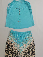 Letter Print Paper Clip Crop Top & Leopard Shorts Set