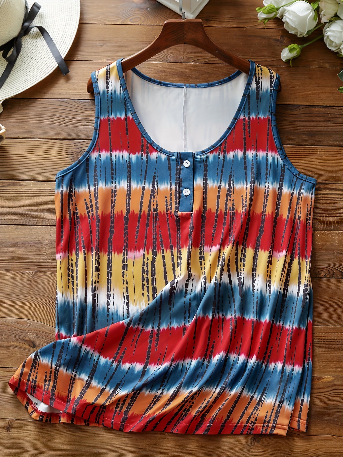 Tie Dye Button Up Tank Top Round Neck Medium Stretch