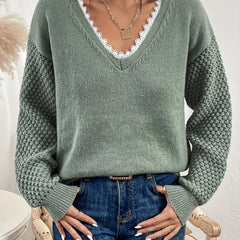 Lace V Neck Pullover Sweater Casual Long Sleeve Drop Shoulder Sweater