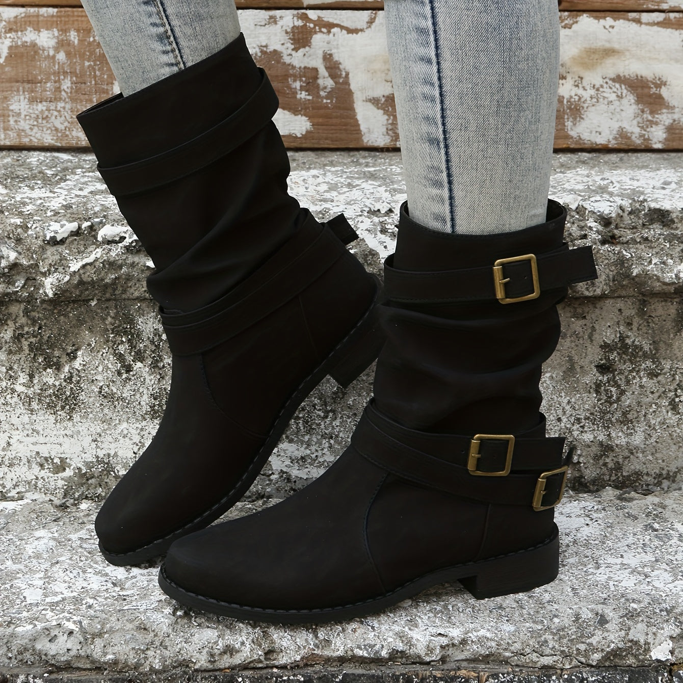 Women's Chunky Heel Boots with Buckle Strap, Slip On Comfortable Western Boots