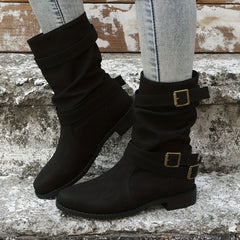 Women's Chunky Heel Boots with Buckle Strap, Slip On Comfortable Western Boots