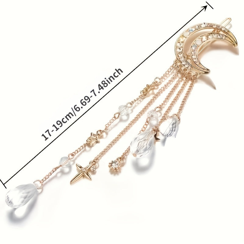 Rhinestone Beaded Dangle Hair Clip Fairy Crescent Moon Star Charm Barrette