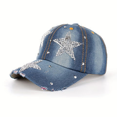 Five Pointed Star Inlaid Diamond Denim Baseball Cap