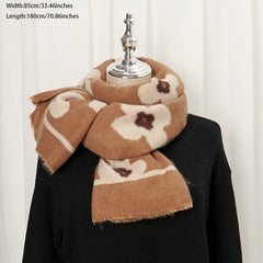 Flower Print Warm Scarf Frayed Trim Cashmere Shawl Windproof
