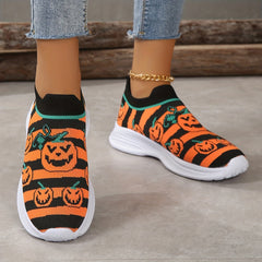 Women's Ghost Face Pumpkin Pattern Shoes Halloween Slip On Low Top Sock Sneakers