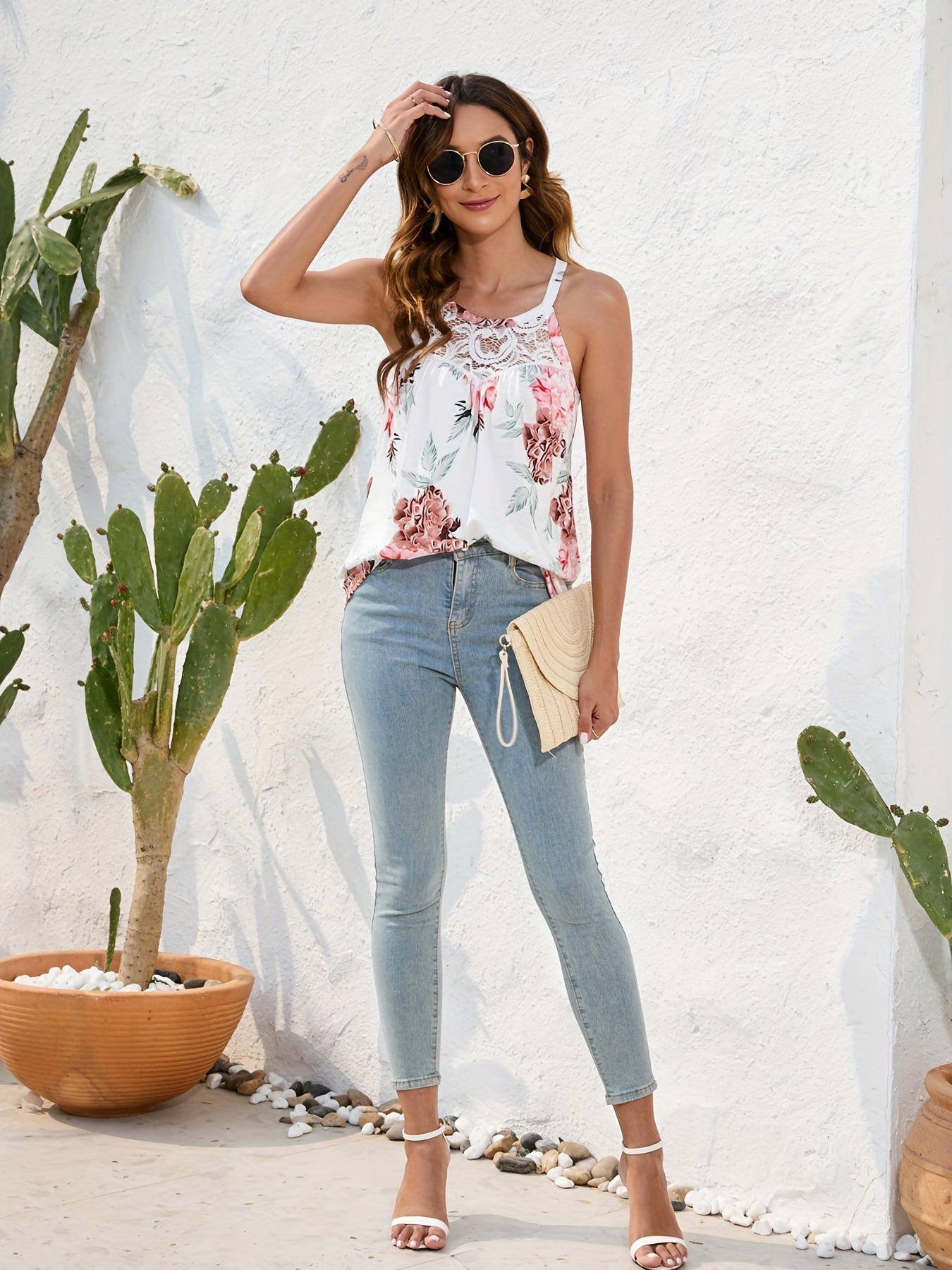 Floral Print Lace Cami Top Ruched Summer Sleeveless