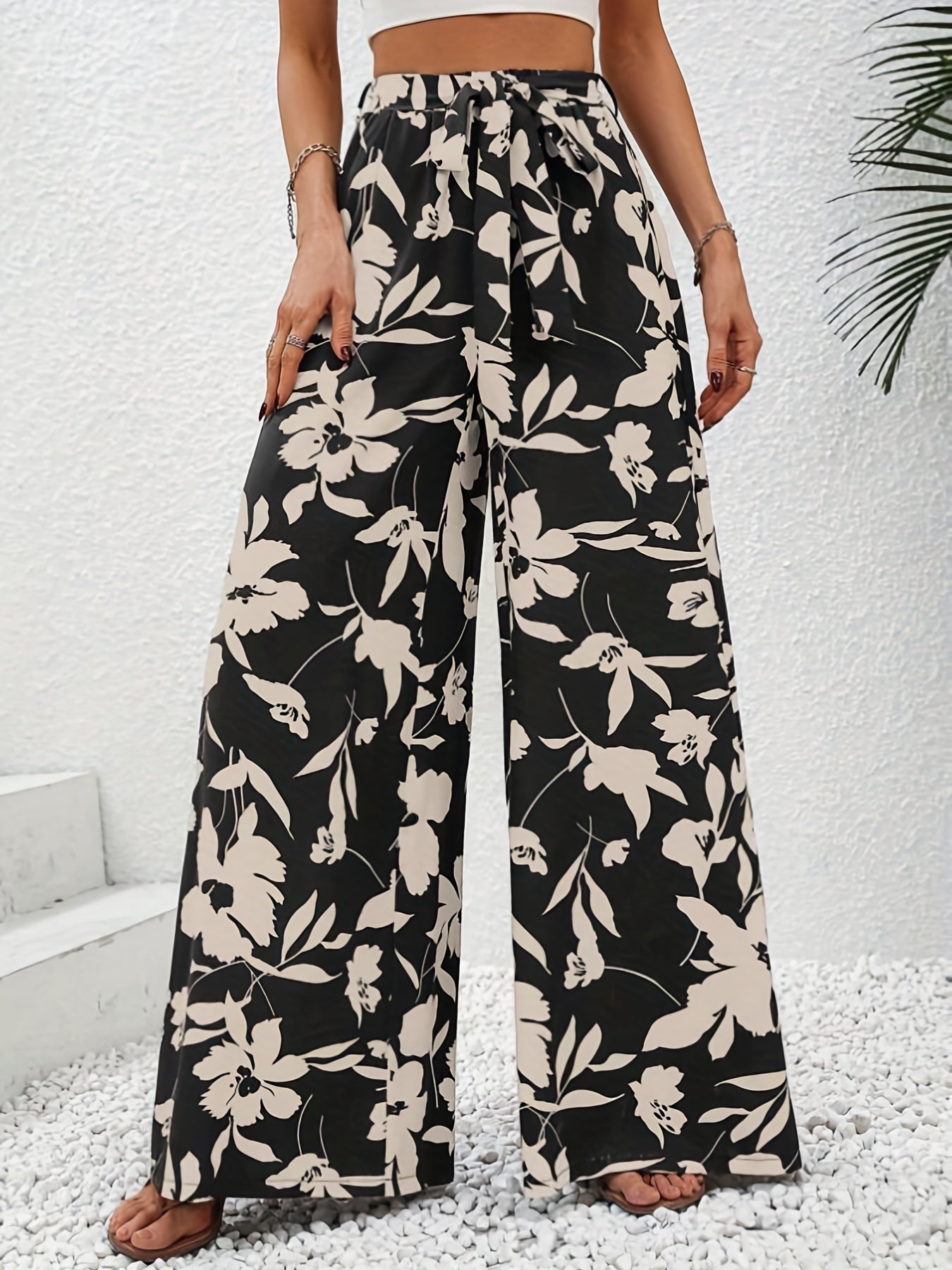 Flower Print Wide Leg Pants Tie Waist Casual Loose Spring Fall