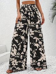 Flower Print Wide Leg Pants Tie Waist Casual Loose Spring Fall