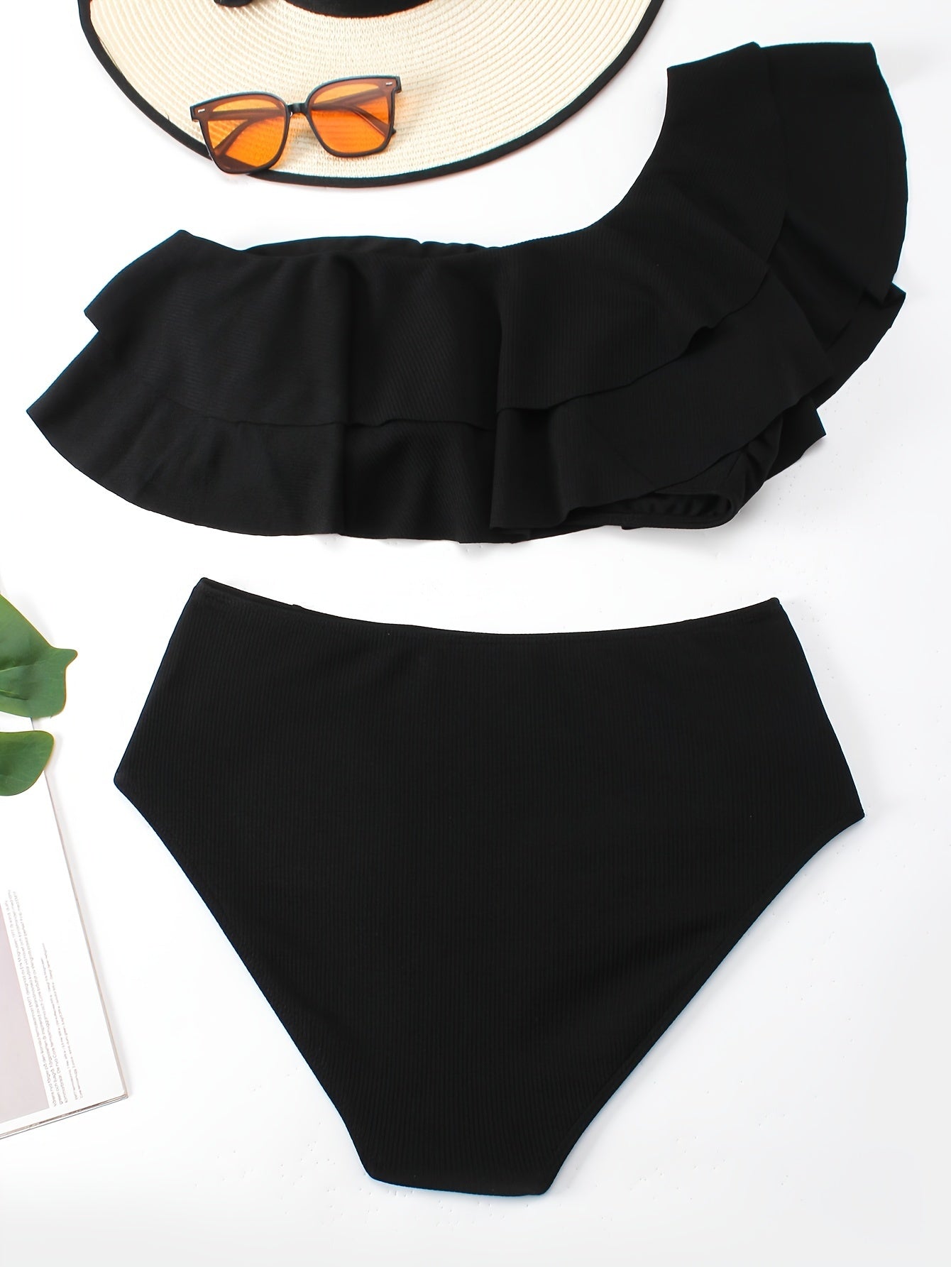 One Shoulder Ruffle Trim Bikini Set