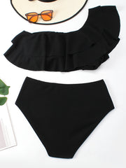 One Shoulder Ruffle Trim Bikini Set