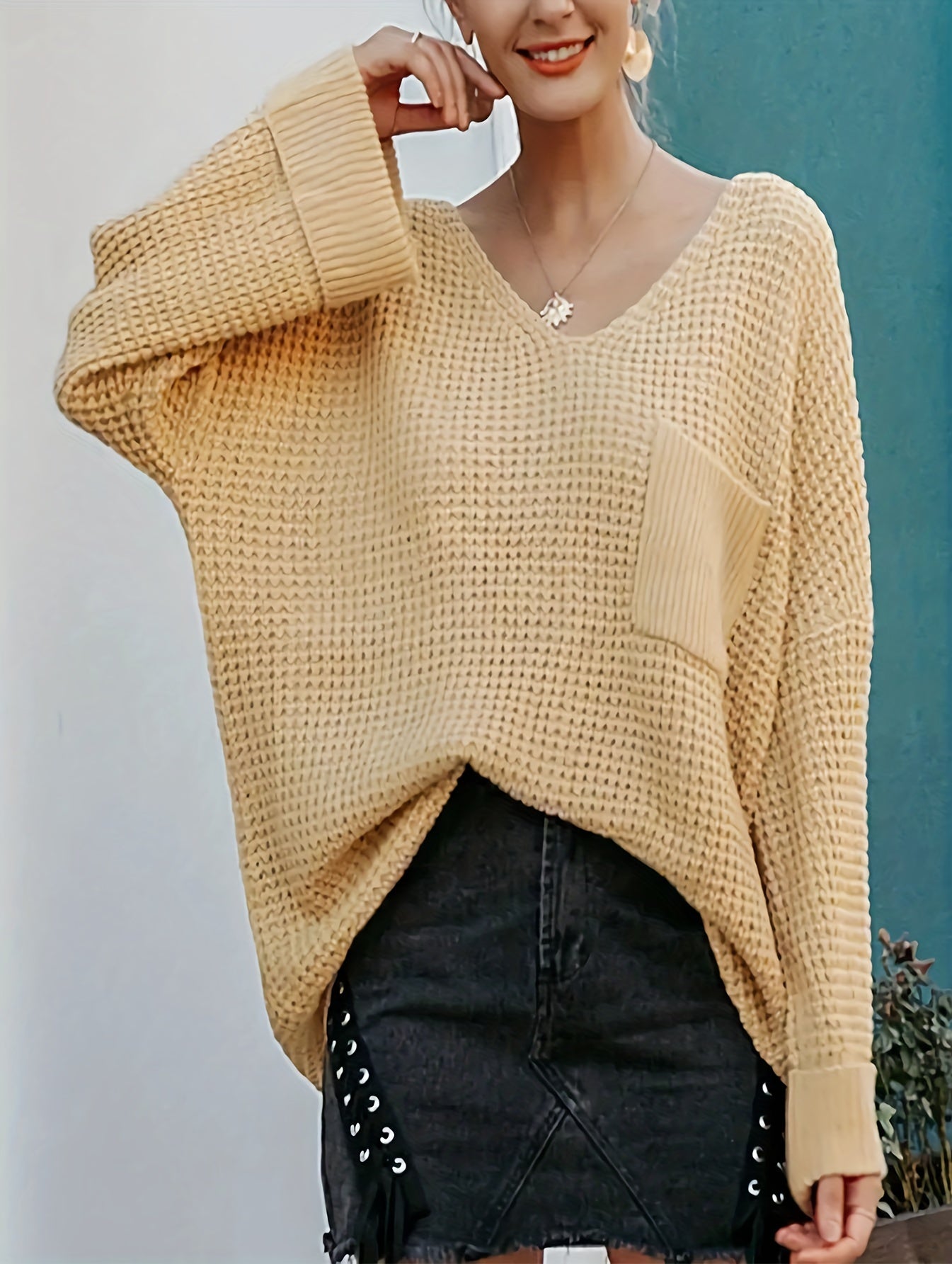 Casual V-Neck Sweater, Solid Chunky Long Sleeve, Loose Fit Jumper