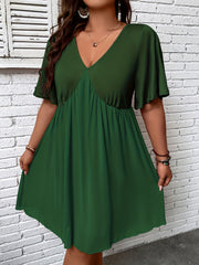 Casual Dress Solid V Neck Short Sleeve Ruched Dress
