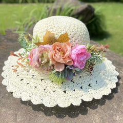 Foldable Flower Garland Sun Hat Crochet Straw Hat UV Protection Beach Hat