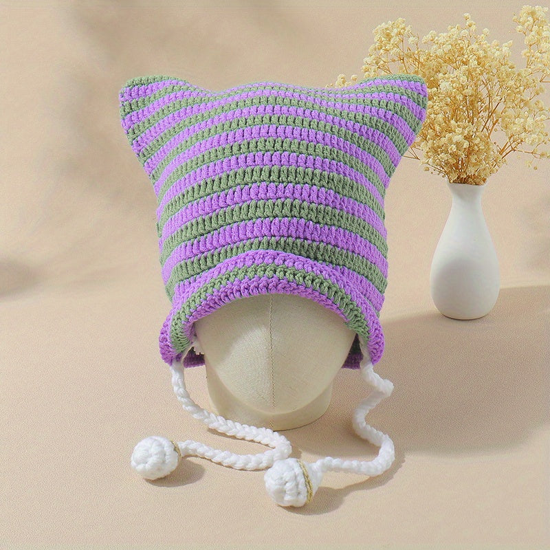 Y2K Stripe Crochet Beanie Cap Hip Hop Monster Cat Ears Knit Hat