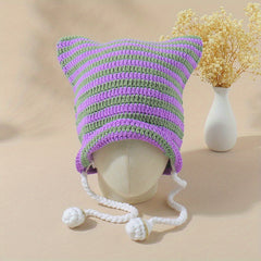 Y2K Stripe Crochet Beanie Cap Hip Hop Monster Cat Ears Knit Hat
