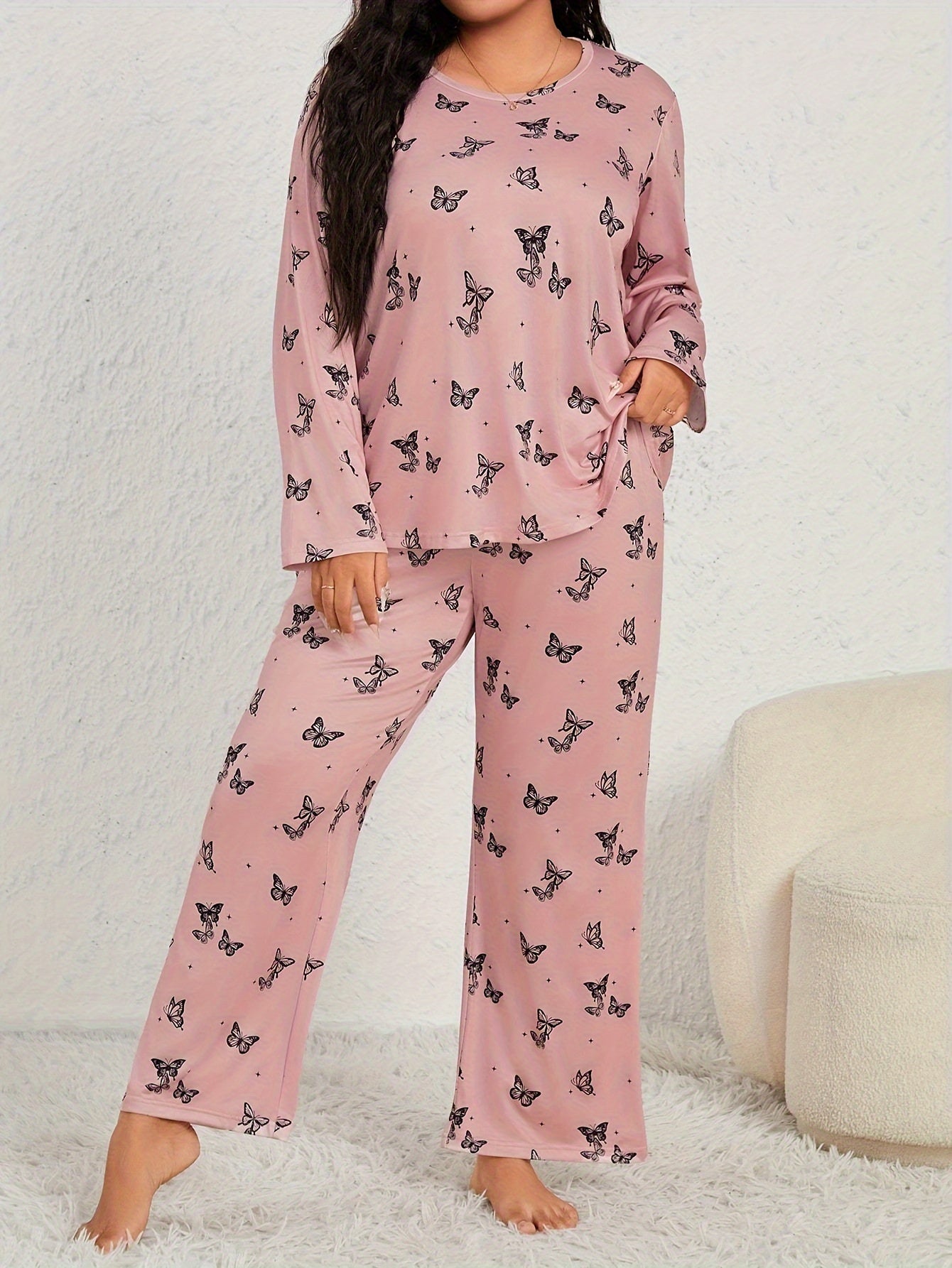 Butterfly Print Pajama Set Long Sleeve Tee & Pants Lounge 2 Piece