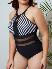 Sexy Swimsuit Colorblock Striped Print Contrast Mesh One Piece