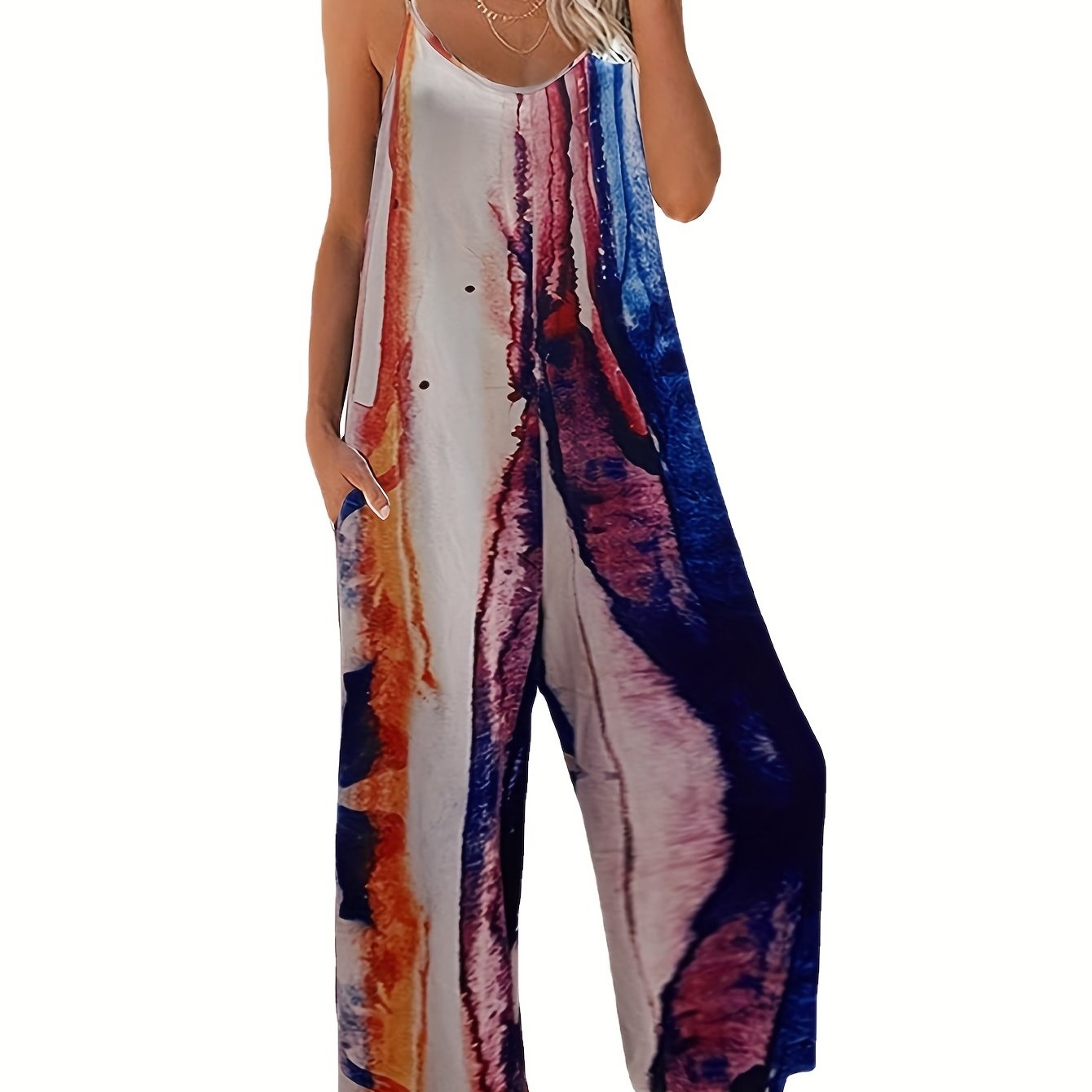 Marble Print Wide Leg Cami Jumpsuit Sleeveless Casual Jumpsuit