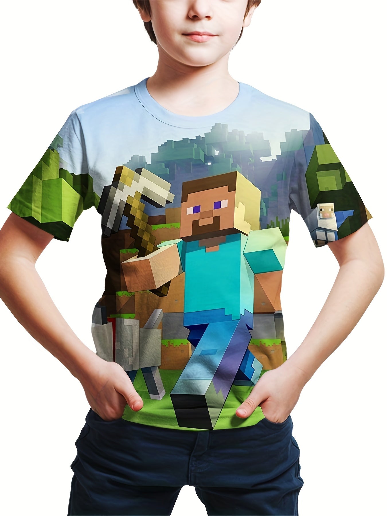 Boys 3D Building Block Printed Stylish T-shirt - Outdoor Casual Tees