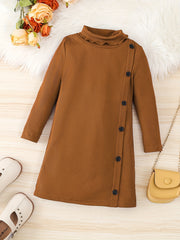 Girls' Turtleneck Side Button Decor Long Sleeve Sweater Dress