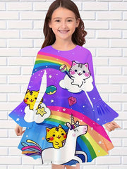 Cartoon Kitty & Rainbow Long Sleeve Dress for Girls