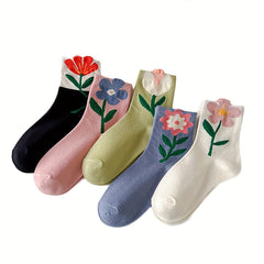 5 Pairs Floral Print Socks Women Comfy & Breathable Mid Tube Stockings