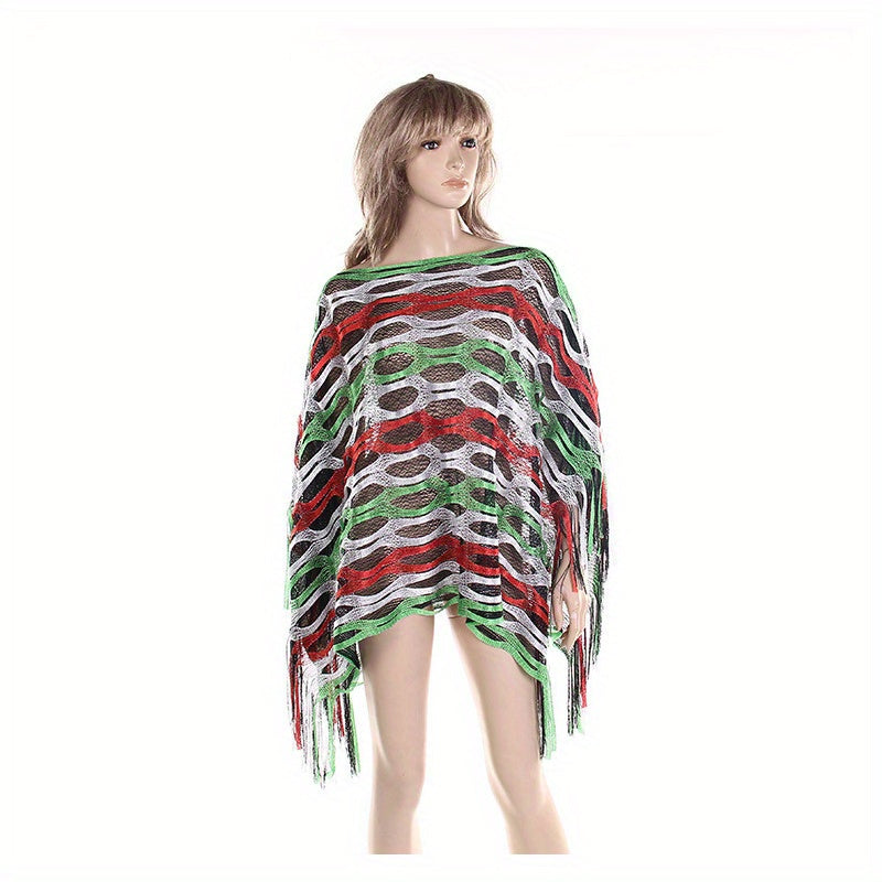 Geometric Tassel Wrap Poncho Cape Glitter Shawl