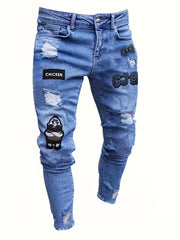 Men's Embroidery Slim Fit Ripped Jeans