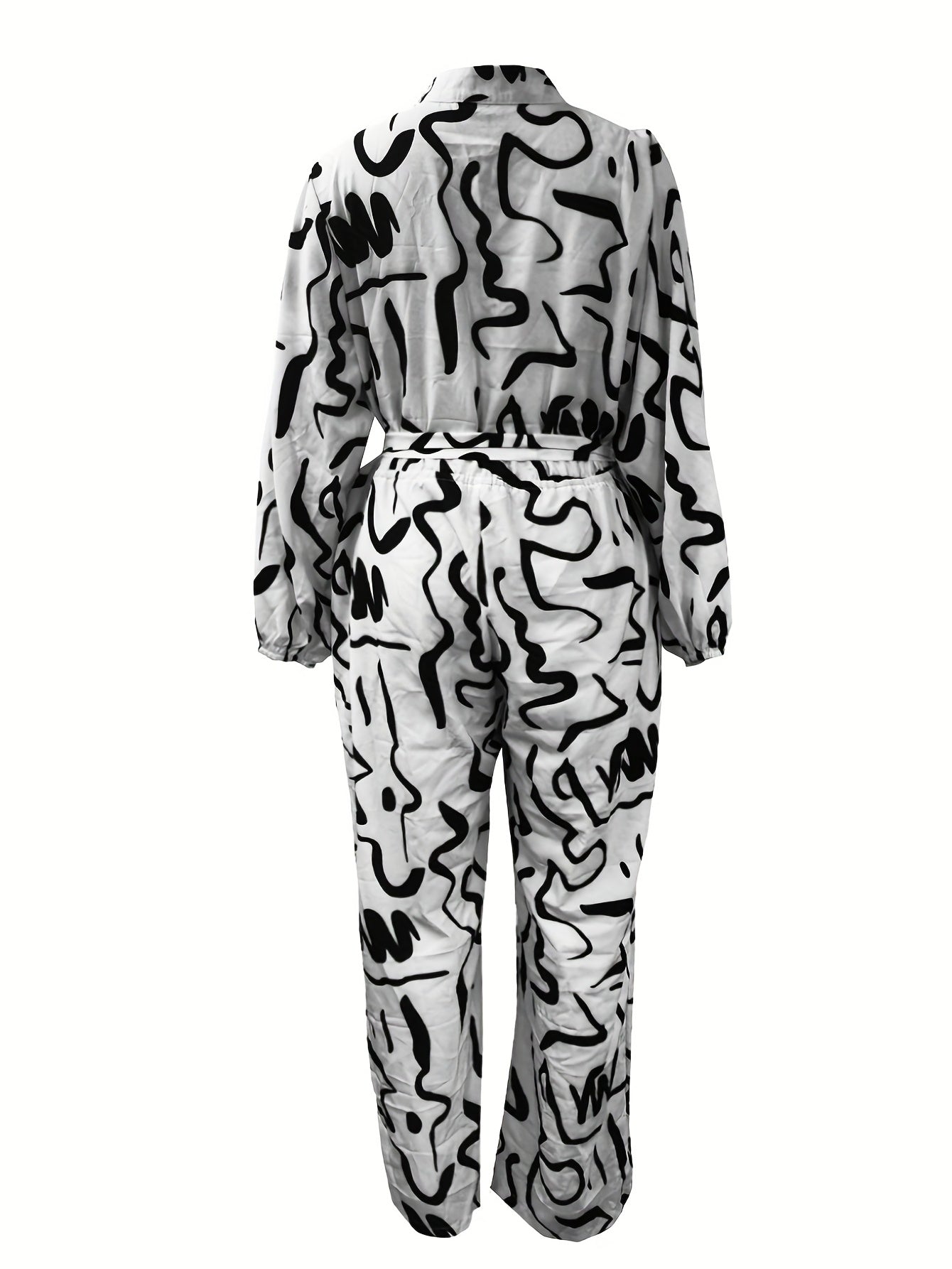 Graffiti Print Long Sleeve Neck Button Jumpsuit