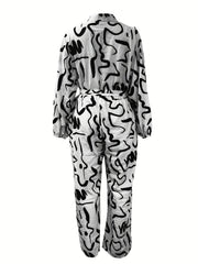 Graffiti Print Long Sleeve Neck Button Jumpsuit