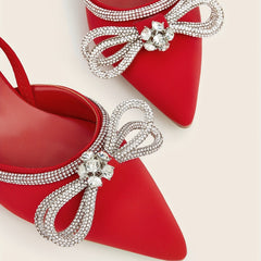 Rhinestone Bow Kitten Heel Slingback Sandals Dress Low Heels