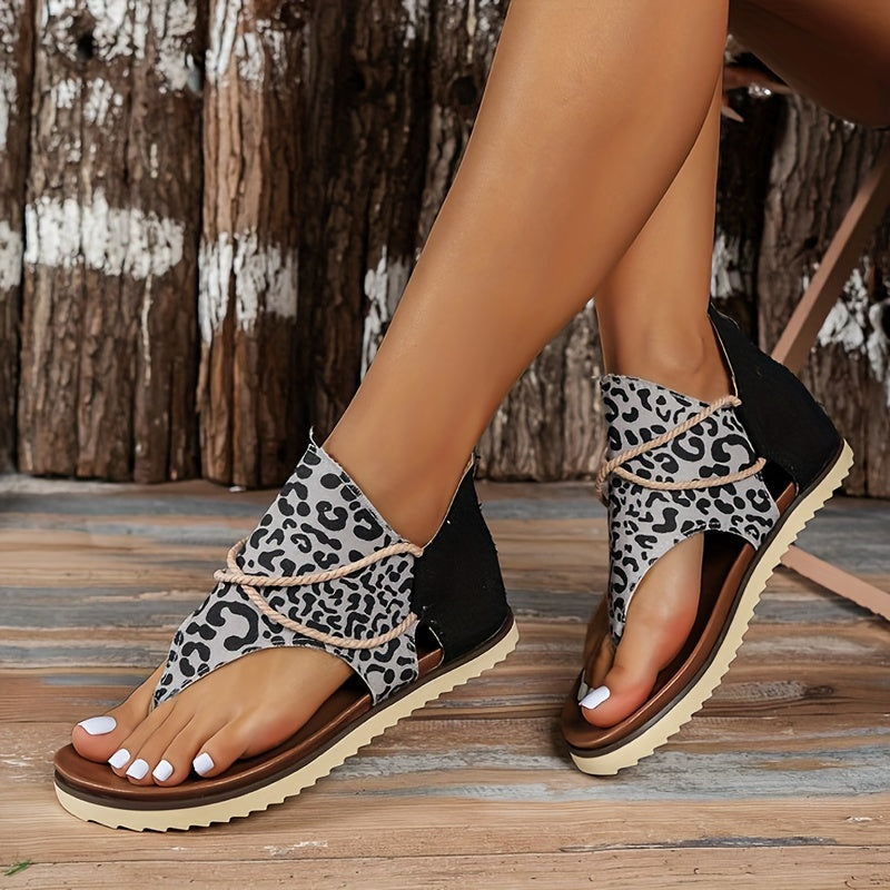 Leopard Print Thong Sandal Cross Strap Zipper Back Summer Flat Sandals Vacation