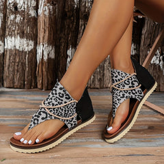 Leopard Print Thong Sandal Cross Strap Zipper Back Summer Flat Sandals Vacation