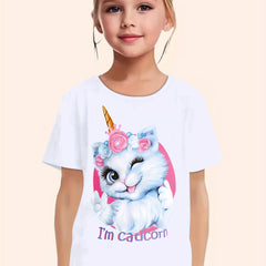 Cartoon Cat Graphic Short Sleeve T-Shirt for Girls - Summer Gift