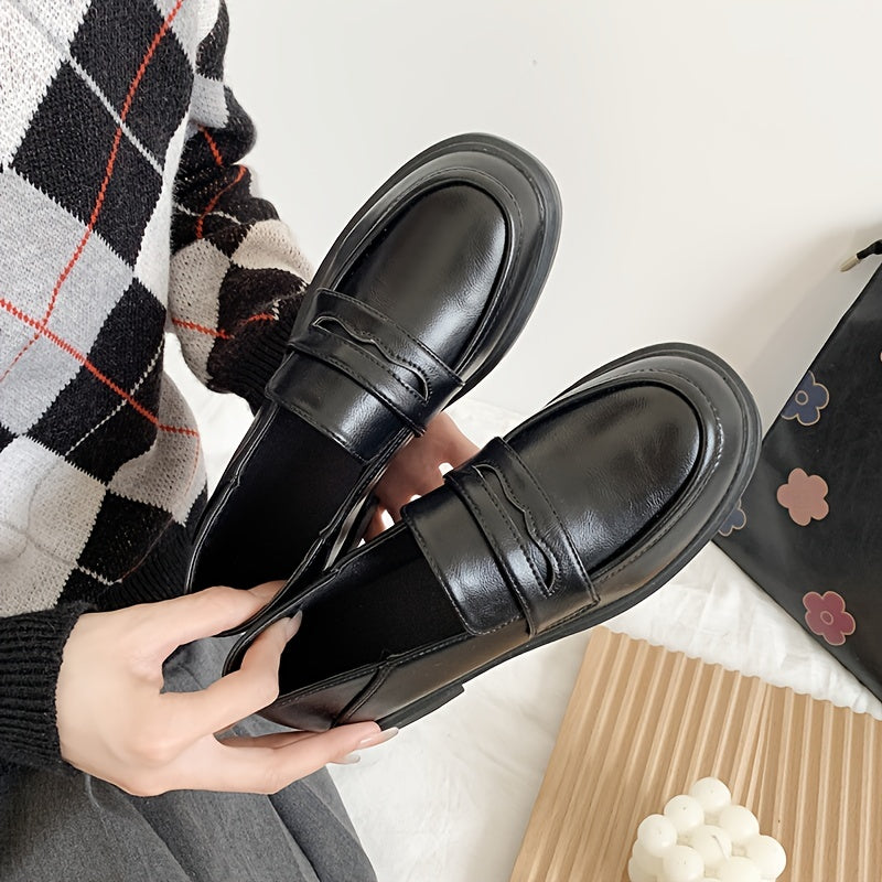 Chunky Low Heeled Loafers Preppy Style Slip On Shoes