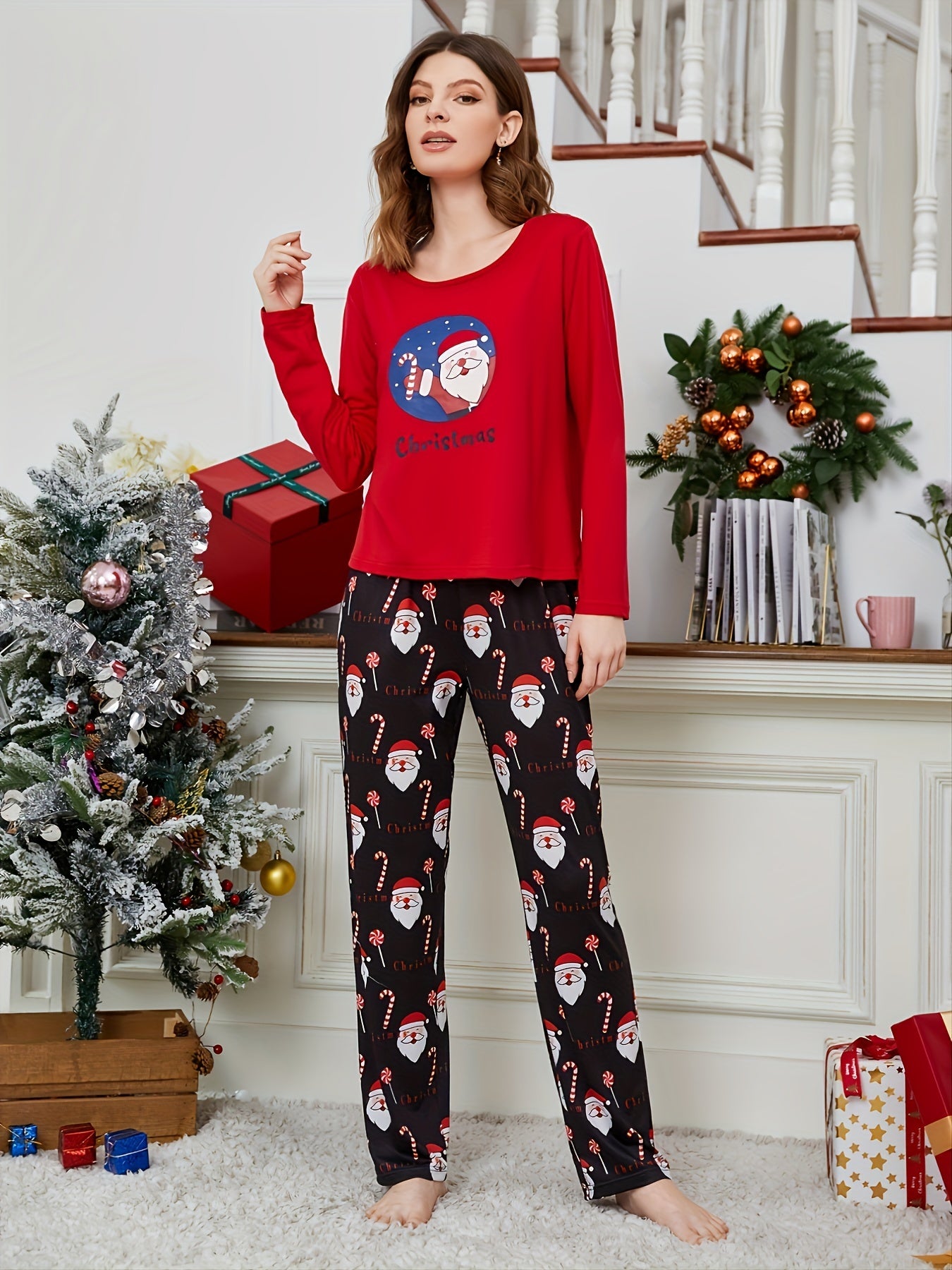 Snowman Print Christmas Lounge Set Long Sleeve Top & Pants