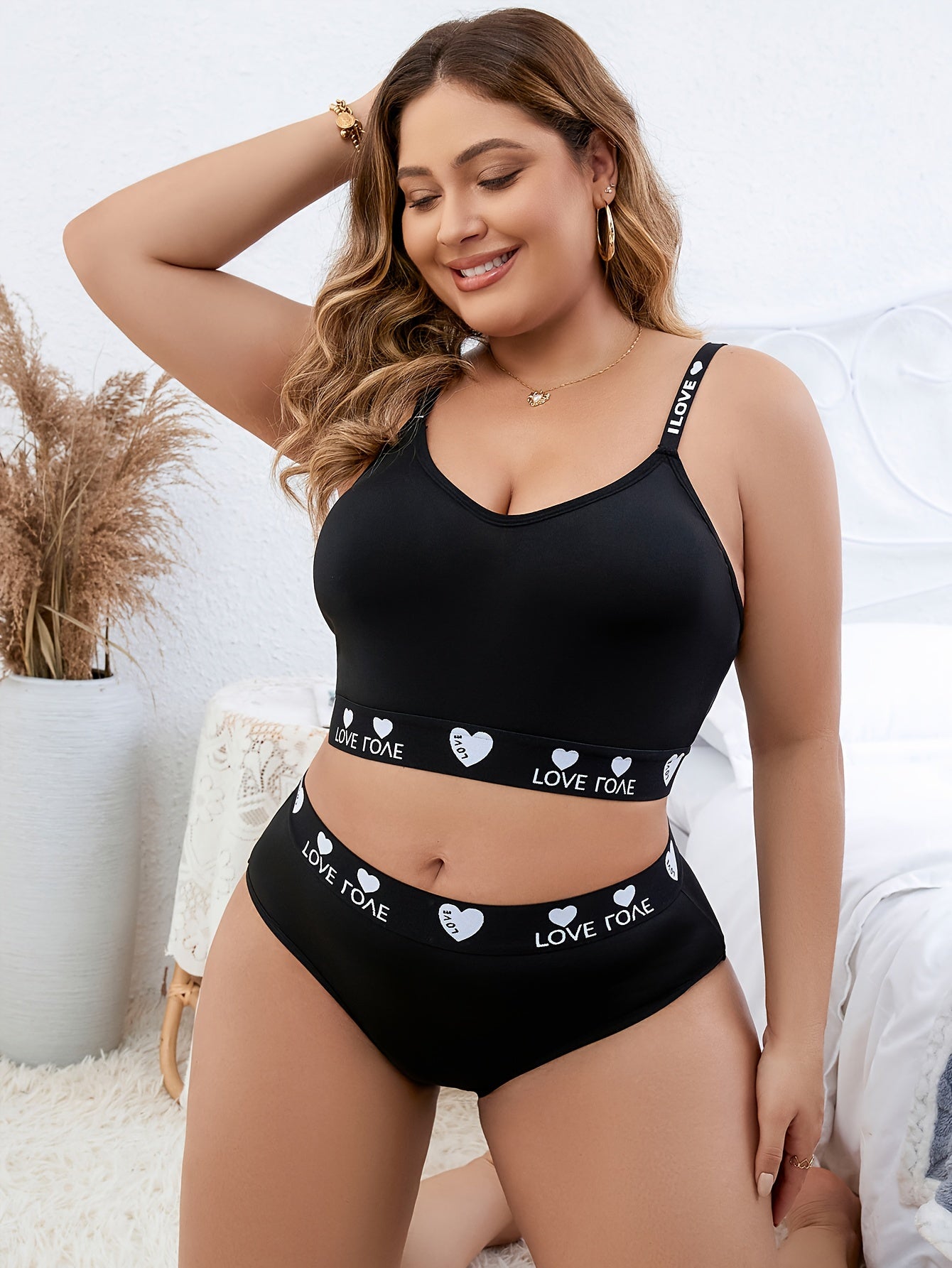 Heart & Letter Tape Longline Bra & Panty Set