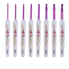 8pcs Crochet Hook Set with Comfortable Ergonomic Handle - Pink Print Pretty