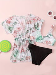 Girl's Floral Tropical Print Bikini Bathing Suit With Kimono