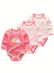 3Pcs Cartoon Long-sleeved Baby Bodysuits Cotton 0-12M Jumpsuits
