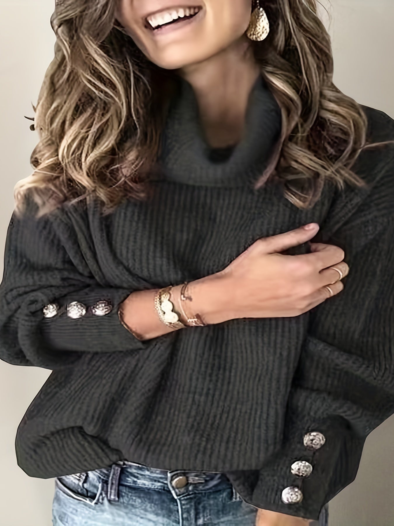 Solid Turtleneck Sweater with Button Decor