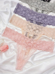 5pcs Floral Lace Thongs Sexy Semi Sheer Trim Panties Women's Lingerie