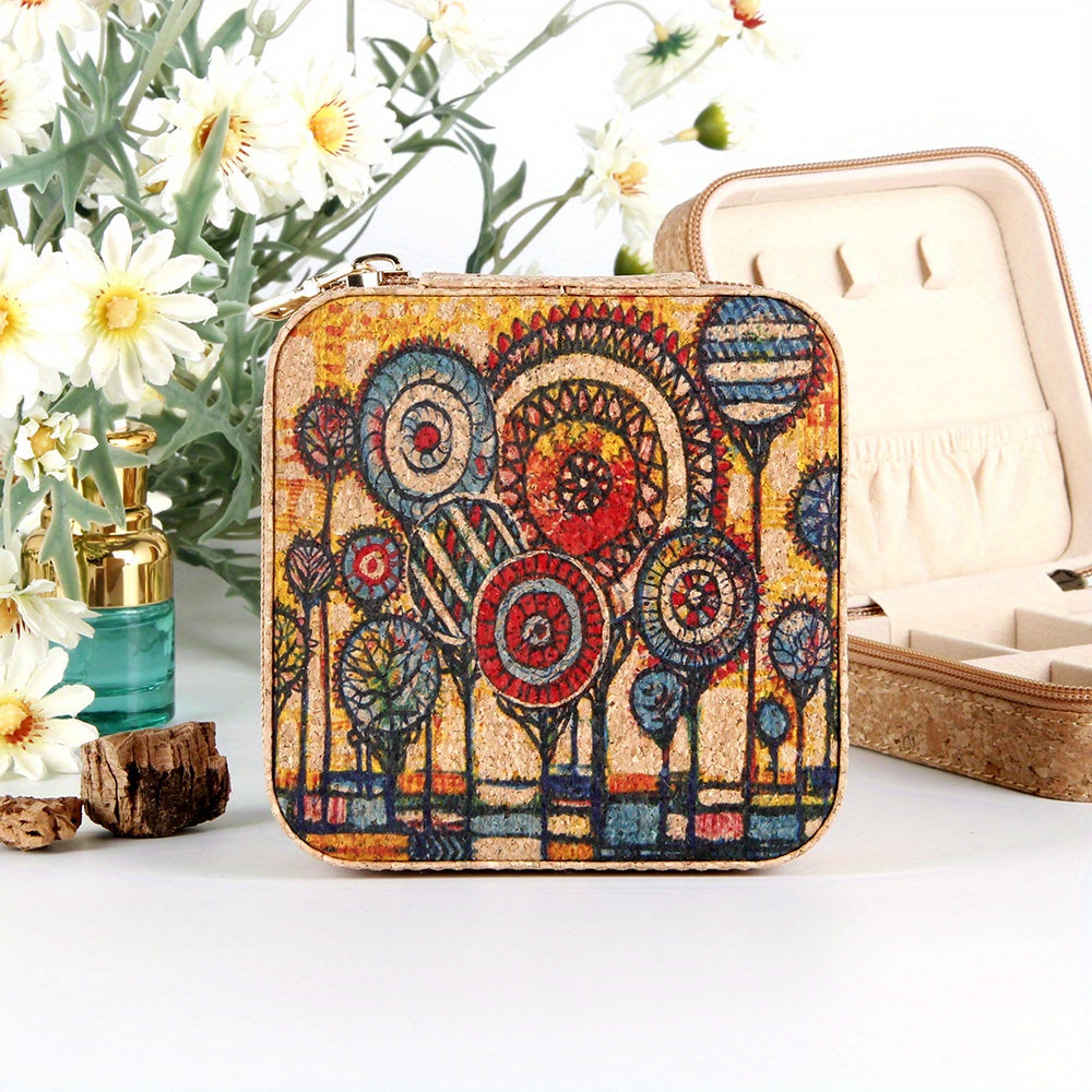 Vintage Pattern Square Jewelry Box Zipper Portable Organizer